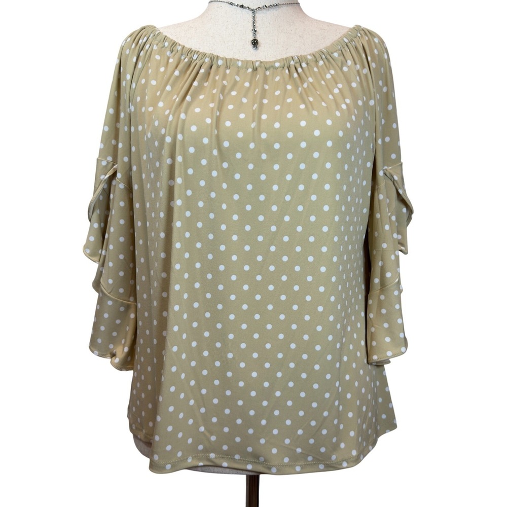 Vince Camuto L Polka Dot Ruffle Tiered Sleeve Top Tan White Flowy Cottagecore - Picture 3 of 8